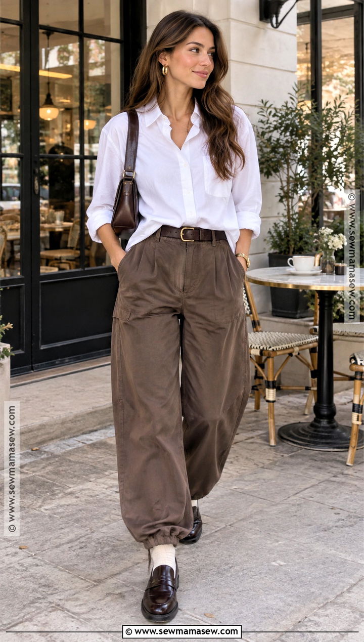 Brown Parachute Pants With White Button Down Shirt - 15 Fall Outfits Parachute Pants