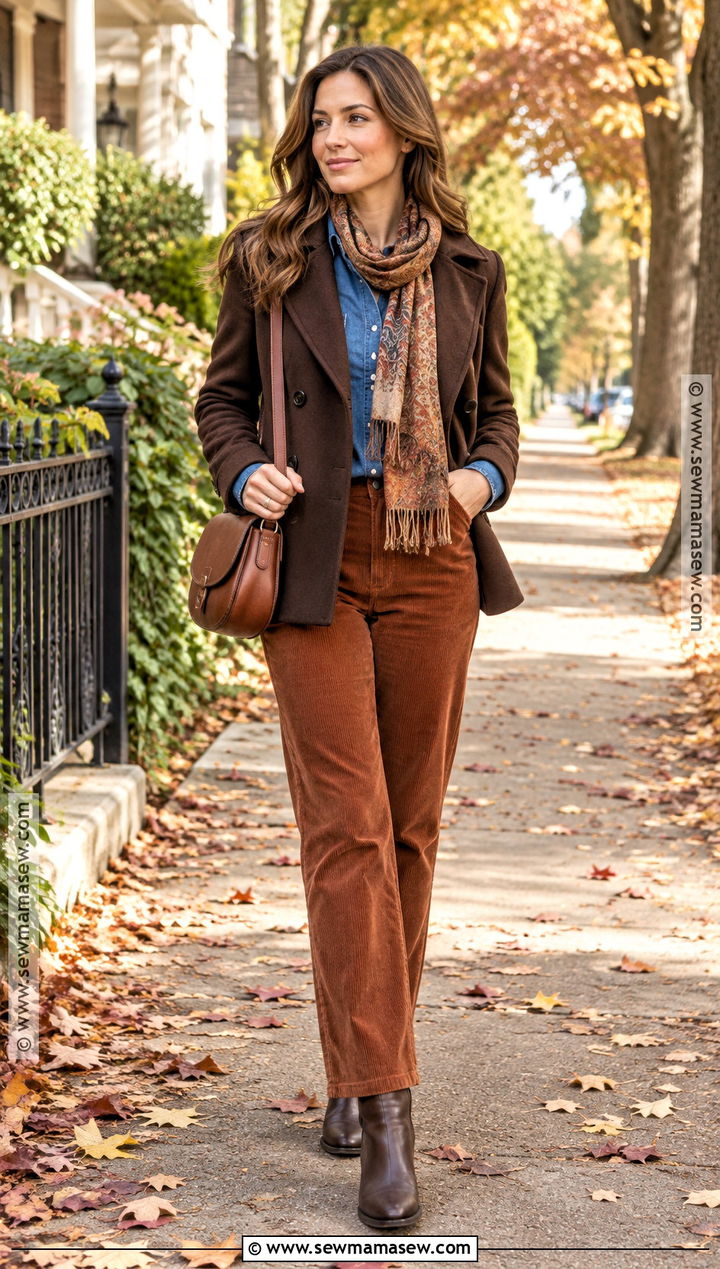Brown Pea Coat With A Denim Shirt And Corduroy Pants - 15 fall pea coat outfit ideas