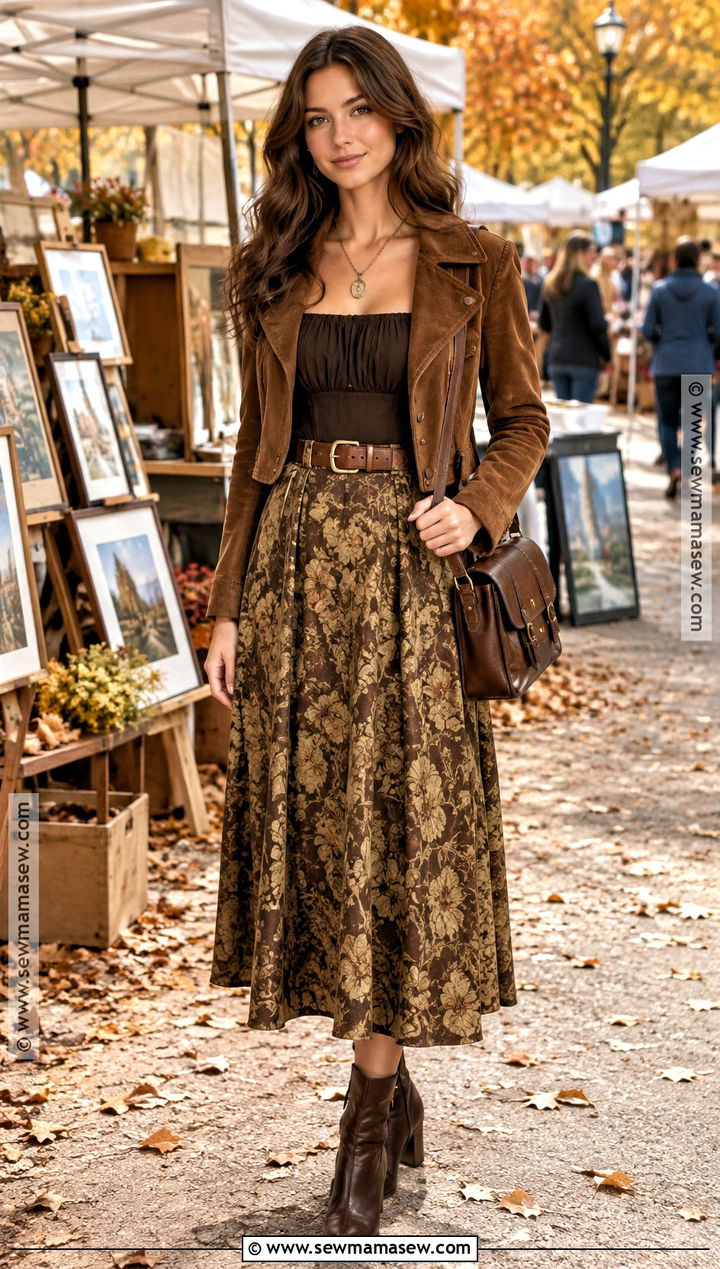 Brown Peasant Blouse And Jacquard Skirt Fall Princess Outfit - 15 Fall Princess Outfit Ideas