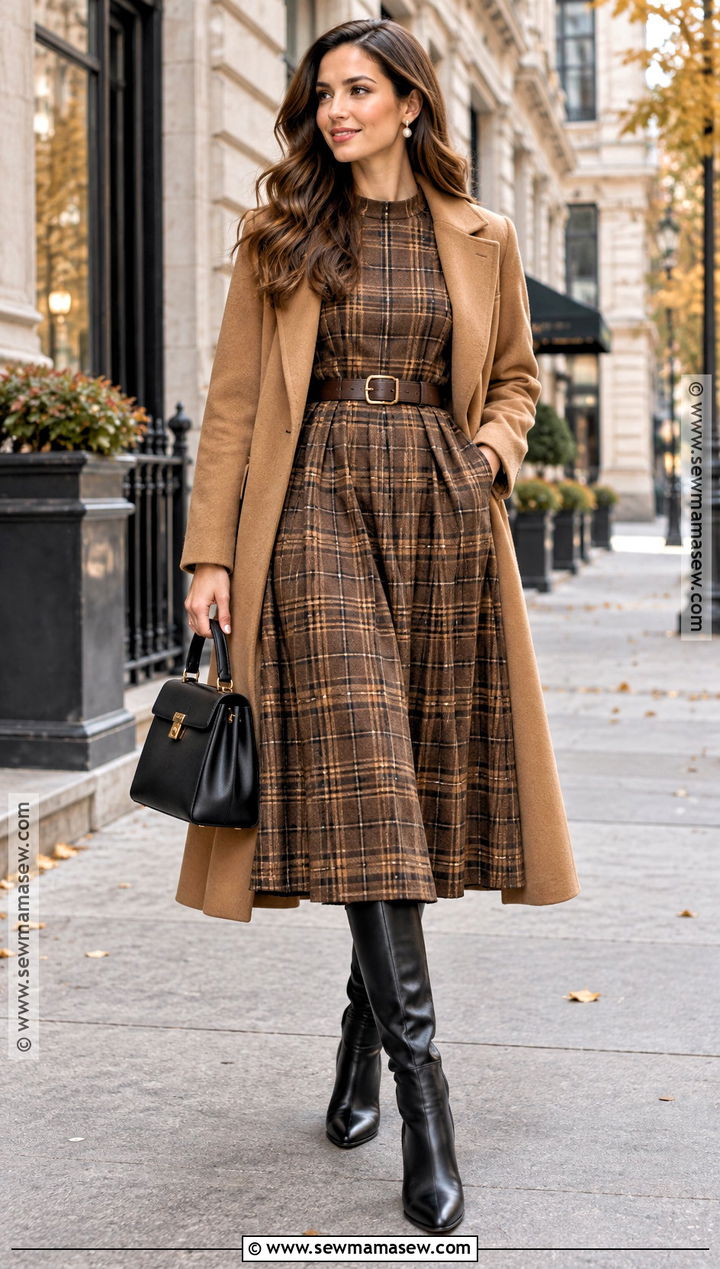 Brown Plaid Belted Fall Dress - 15 fall dresses elegant