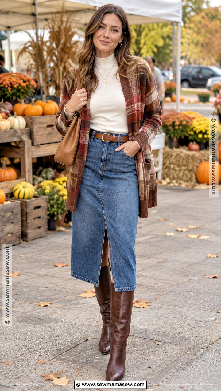 Brown Plaid Cardigan With Denim Midi Skirt - 15 autumn plaid cardigan ideas