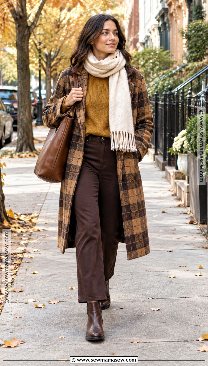 Brown Plaid Coat And Yellow Knit Outfit - 15 Brown And Yellow Fall Fashion Ideas