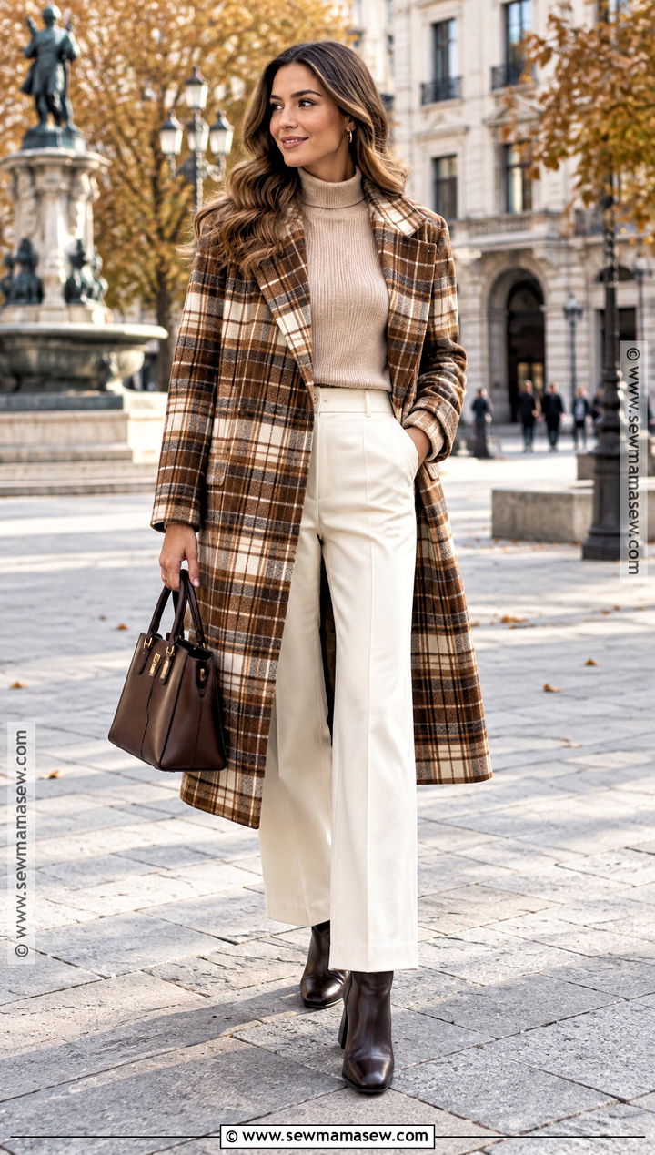 Brown Plaid Coat With Beige Knitwear - 15 brown and beige fall style ideas