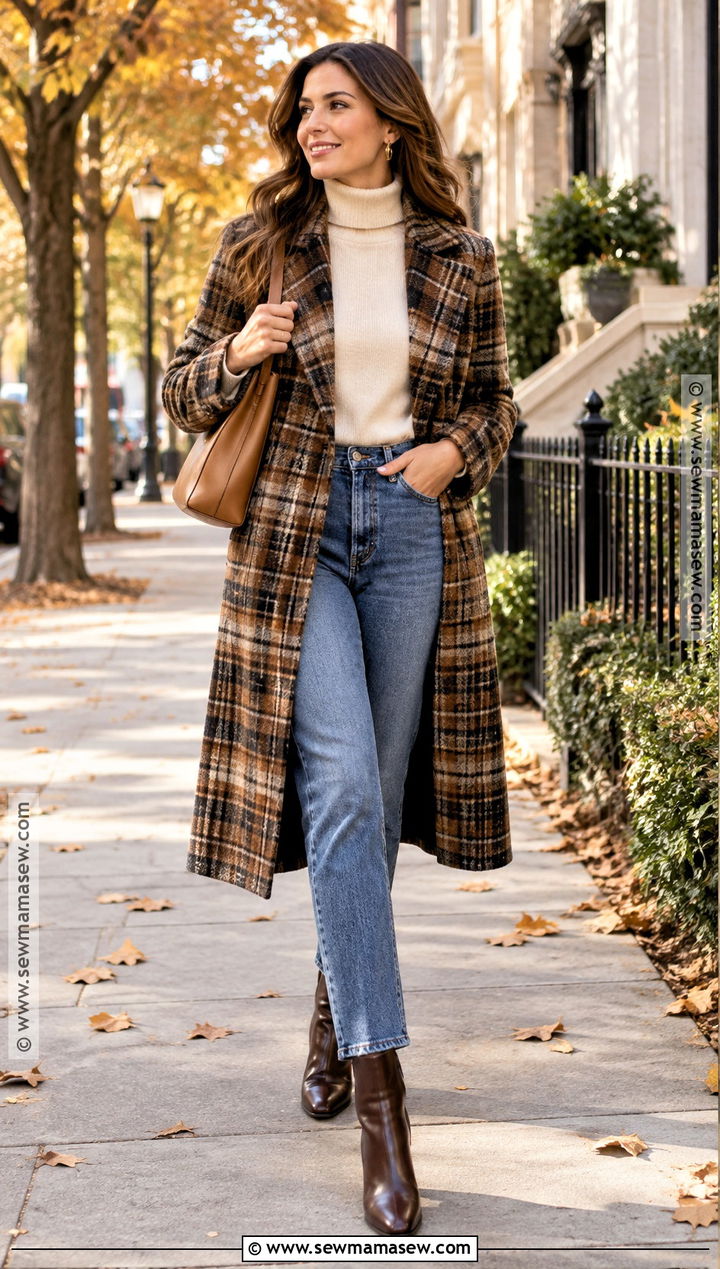 Brown Plaid Coat With Straight Leg Jeans And Ankle Boots - 15 autumn outfit with plaid coat and boots