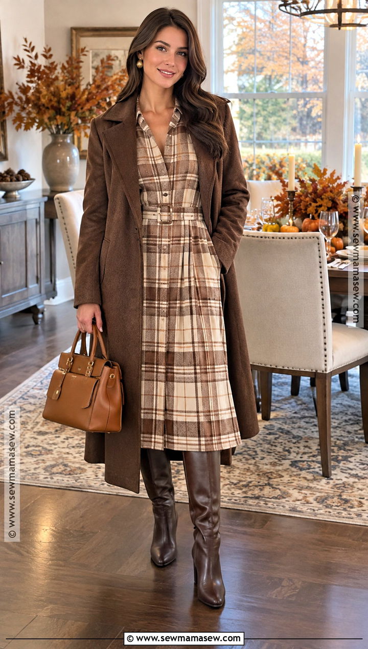 Brown Plaid Dress And Tall Boots - 20 thanksgiving outfit brown ideas