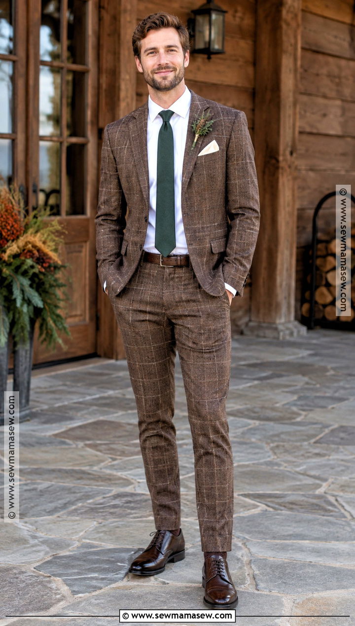 Brown Plaid Groom Suit With Solid Tie - 20 fall groom attire ideas