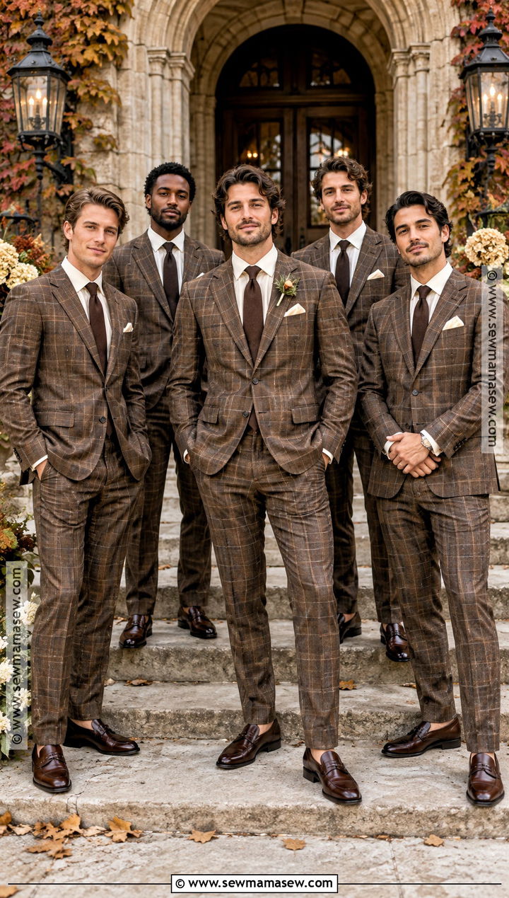 Brown Plaid Groomsmen Suit With Cream Shirt - 15 fall groomsmen attire brown ideas