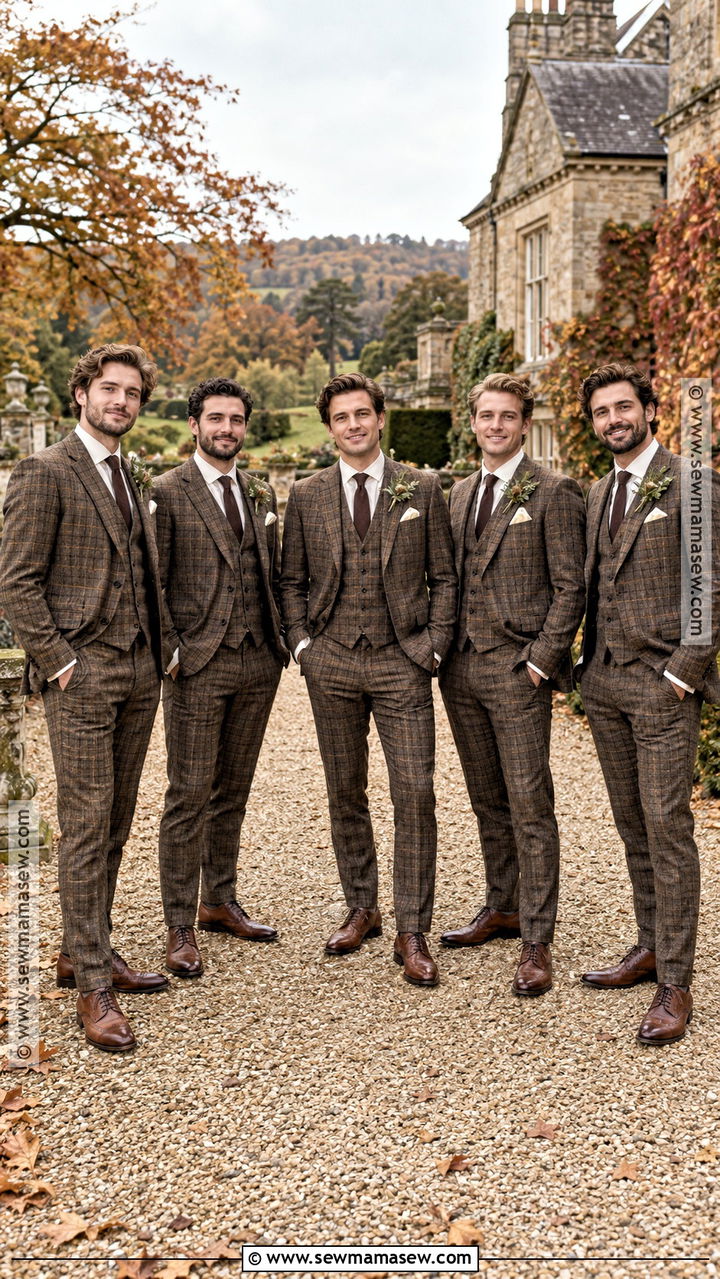 Brown Plaid Groomsmen Suits With Solid Ties - 20 groomsmen attire fall ideas