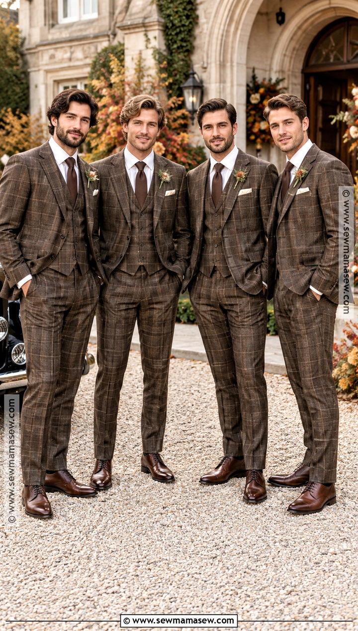 Brown Plaid Groomsmen Suits for a Fall Wedding - 20 groomsmen attire fall wedding ideas