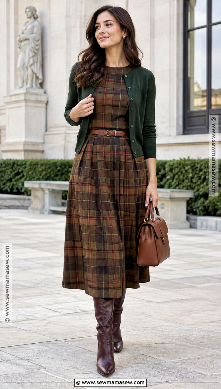 Brown Plaid Midi Dress Outfit - 20 dark autumn dress ideas
