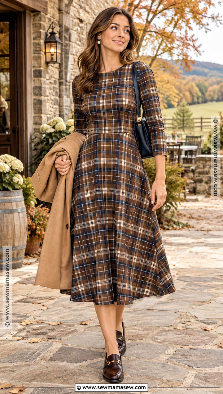 Brown Plaid Rehearsal Dinner Guest Dress - 15 rehearsal dinner dress for guest fall casual ideas