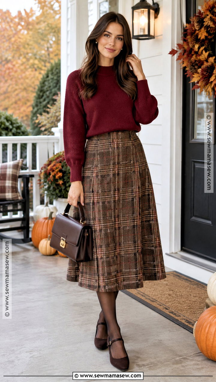Brown Plaid Skirt With Red Sweater - 20 Thanksgiving Outfit Brown Skirt Ideas