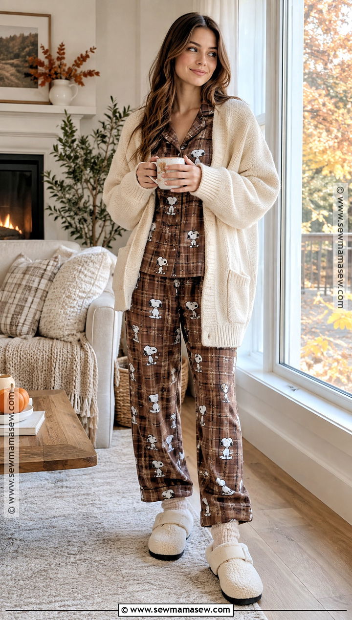 Brown Plaid Snoopy PJs With Sherpa Clogs - 15 american eagle snoopy pjs fall ideas