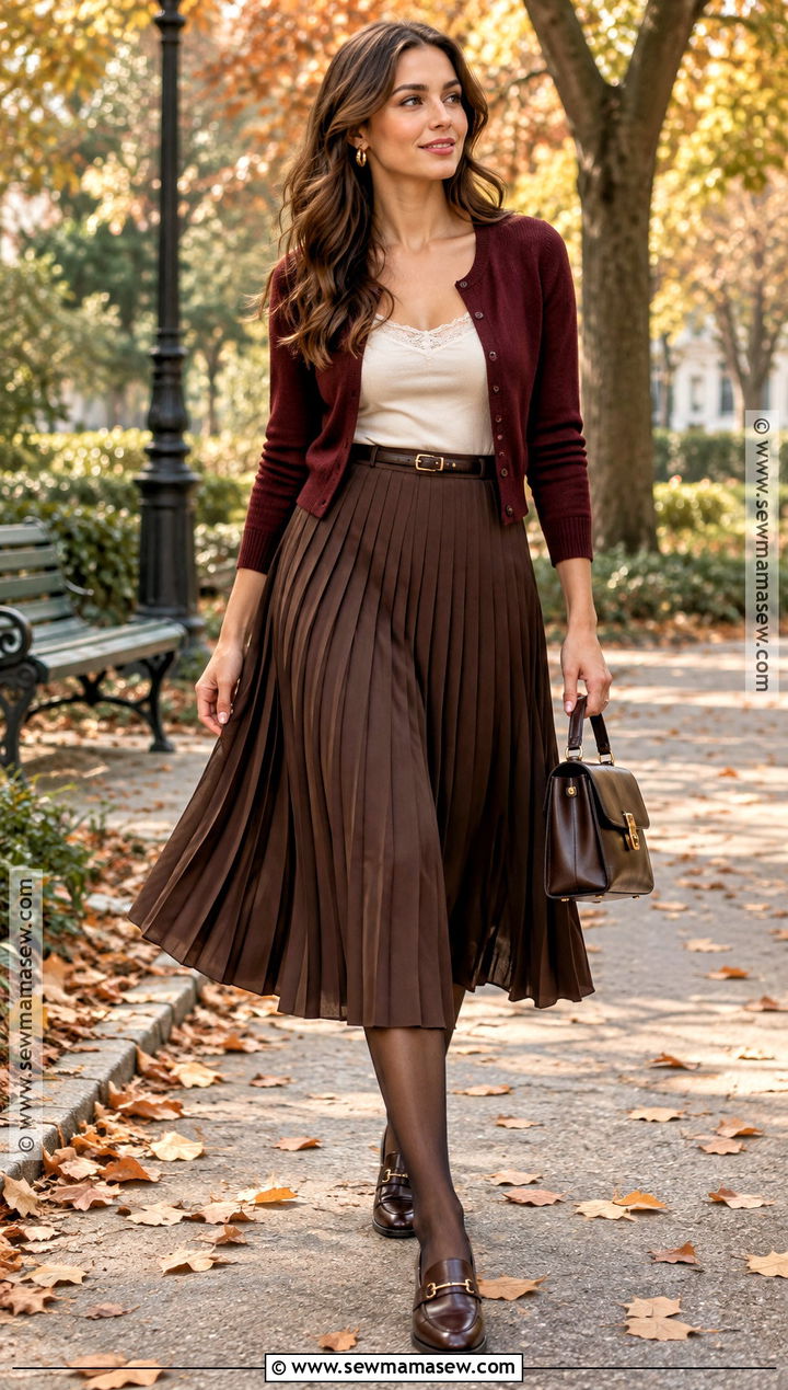 Brown Pleated Midi Skirt With Burgundy Cardigan - 15 fall fashion brown skirt ideas