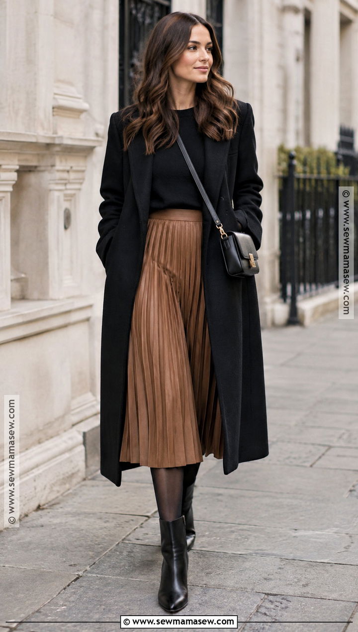 Brown Pleated Skirt With Black Sweater And Ankle Boots - 15 brown pleated skirt fall fashion ideas