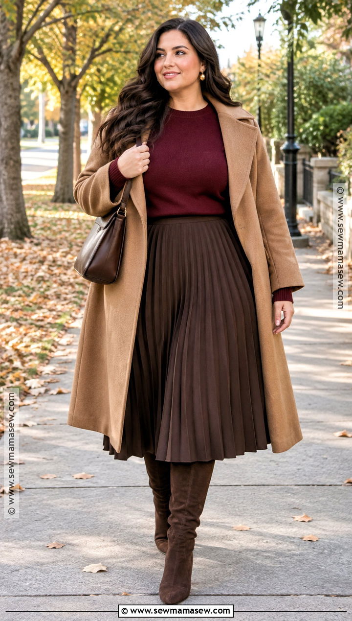 Brown Pleated Skirt With Burgundy Sweater And Tall Boots - 15 brown pleated skirt fall fashion ideas