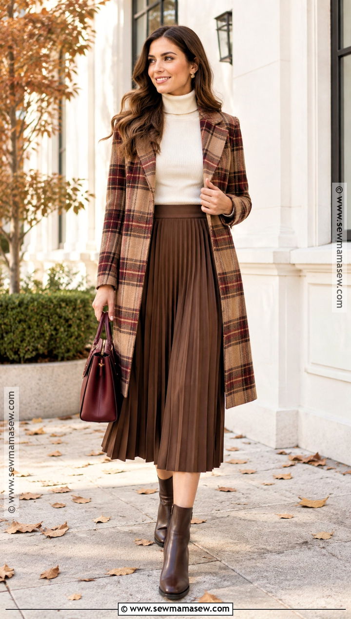 Brown Pleated Skirt With Plaid Coat And Chelsea Boots - 15 brown pleated skirt fall fashion ideas