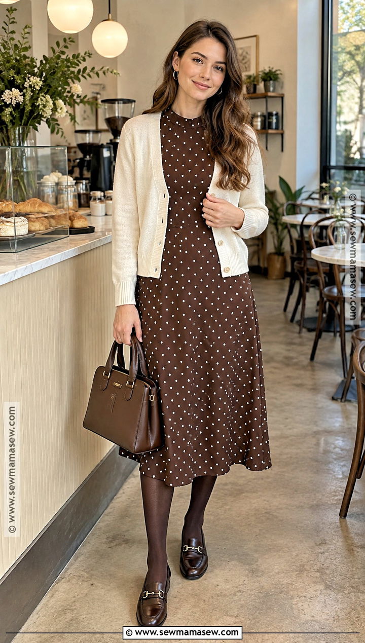 Brown Polka Dot Dress With Loafers - 15 Fall Themed Dresses
