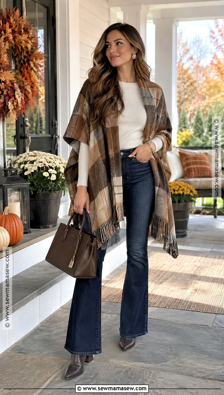 Brown Poncho And Flare Jeans - 20 thanksgiving outfit brown ideas