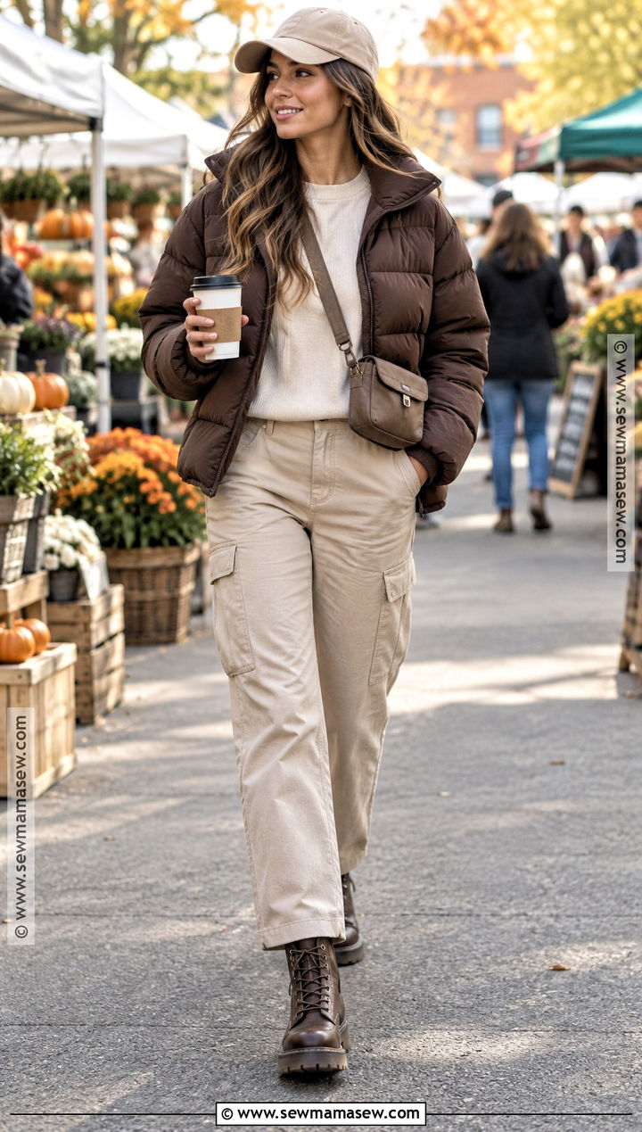 Brown Puffer Jacket With Beige Cargo Pants - 15 brown and beige autumn style ideas