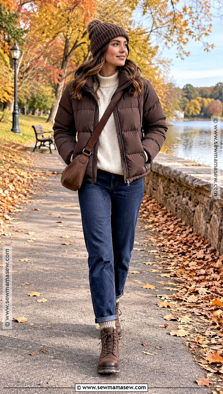 Brown Puffer Jacket With Straight Leg Jeans - 25 fall outfits brown