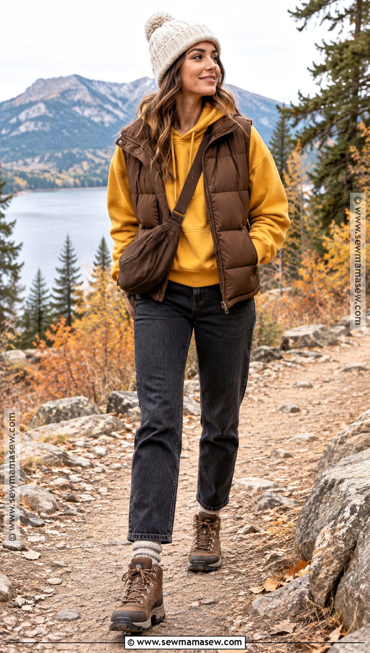 Brown Puffer Vest And Yellow Hoodie Outfit - 15 Brown And Yellow Fall Fashion Ideas