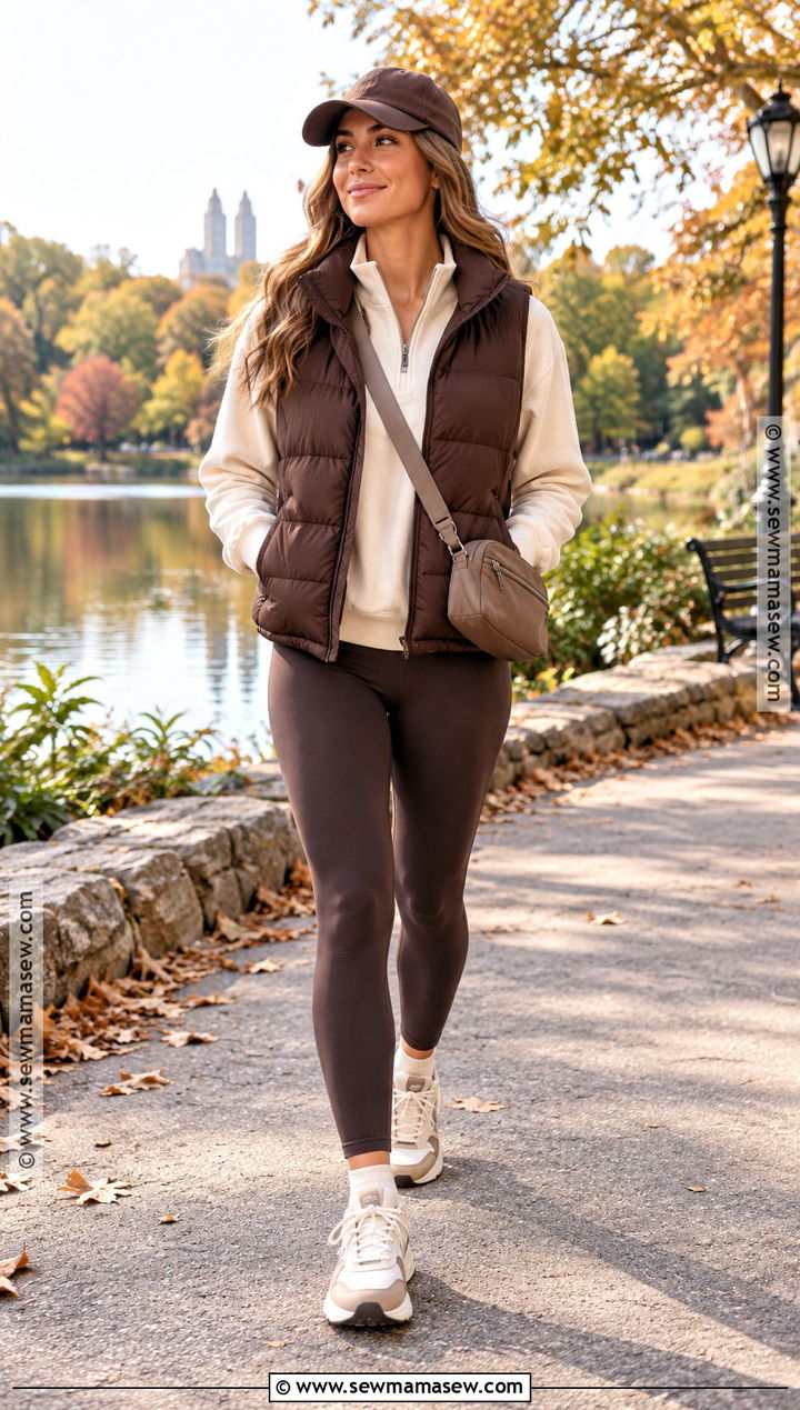 Brown Puffer Vest With Leggings - 15 autumn brown fashion style ideas