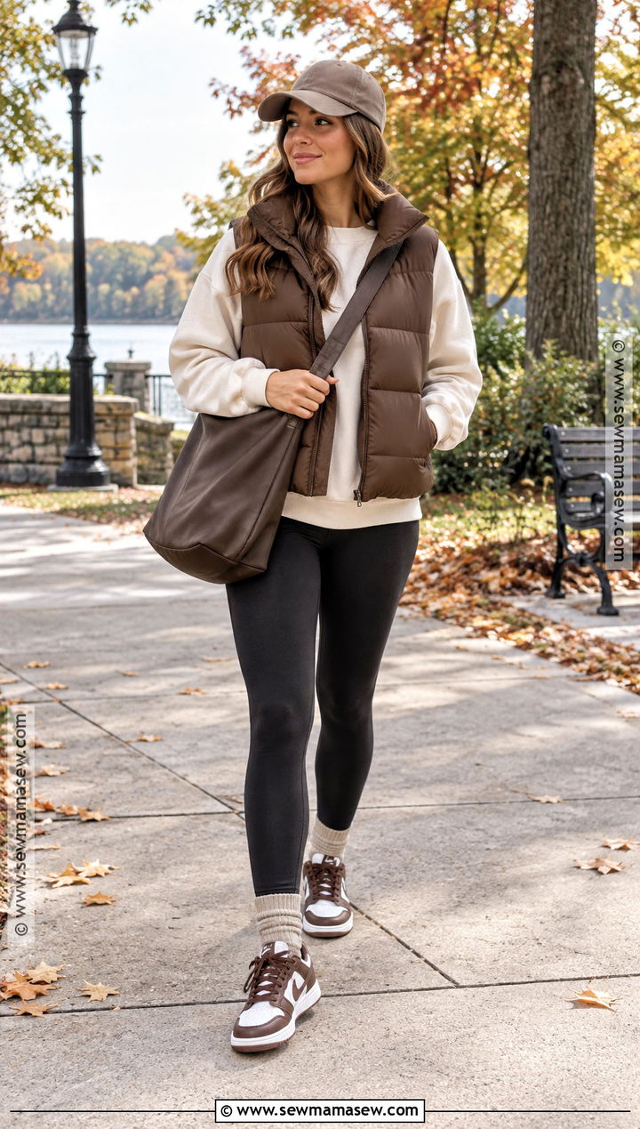 Brown Puffer Vest and Black Leggings - 15 Fall Fashion Brown Tones Ideas