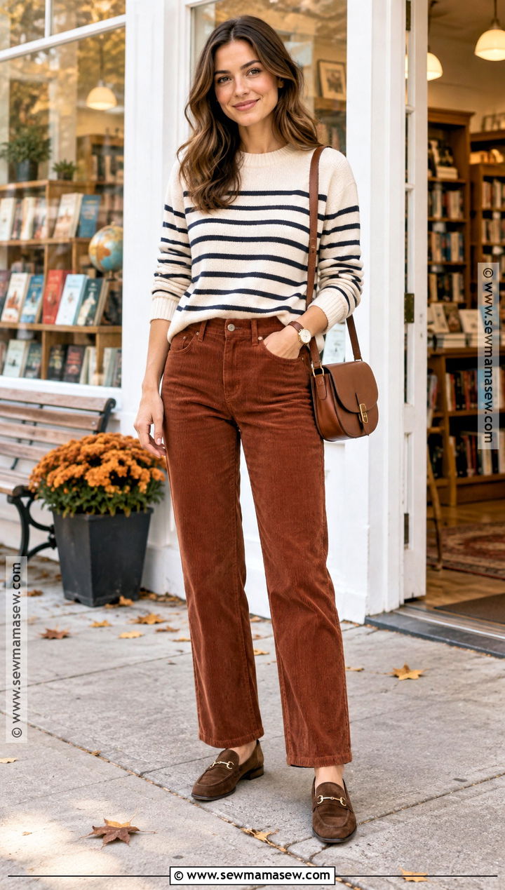 Brown Purse With Corduroy Pants And Striped Sweater - 15 brown purse outfit fall ideas