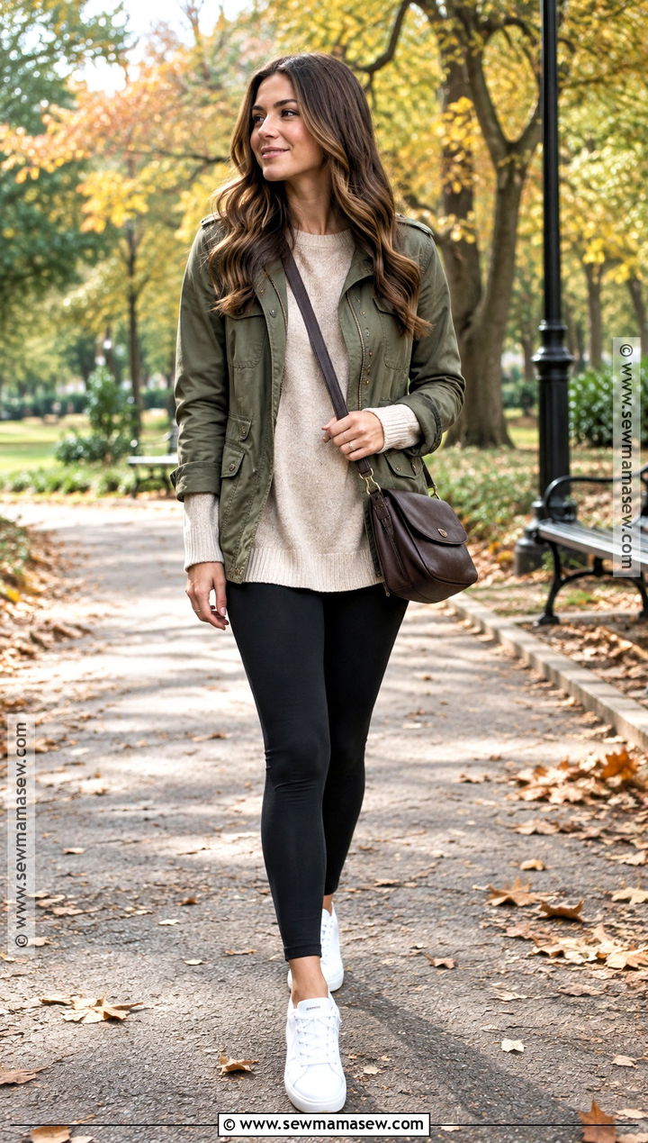 Brown Purse With Olive Jacket And Black Leggings - 15 brown purse outfit fall ideas