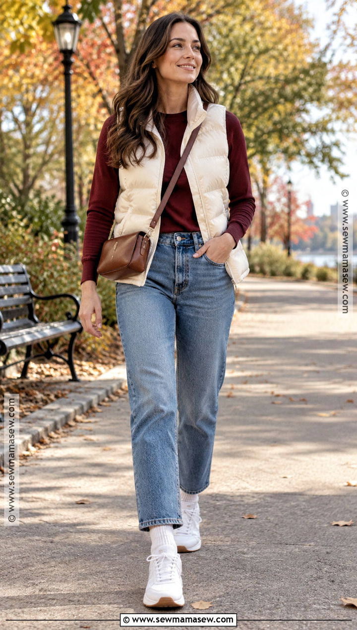 Brown Purse With Puffer Vest And Sneakers - 15 brown purse outfit fall ideas