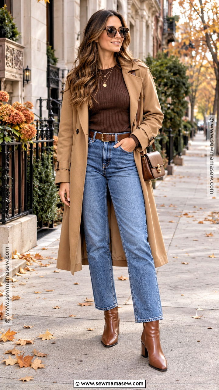 Brown Ribbed Top With Straight Leg Jeans - 20 brown top outfit fall ideas
