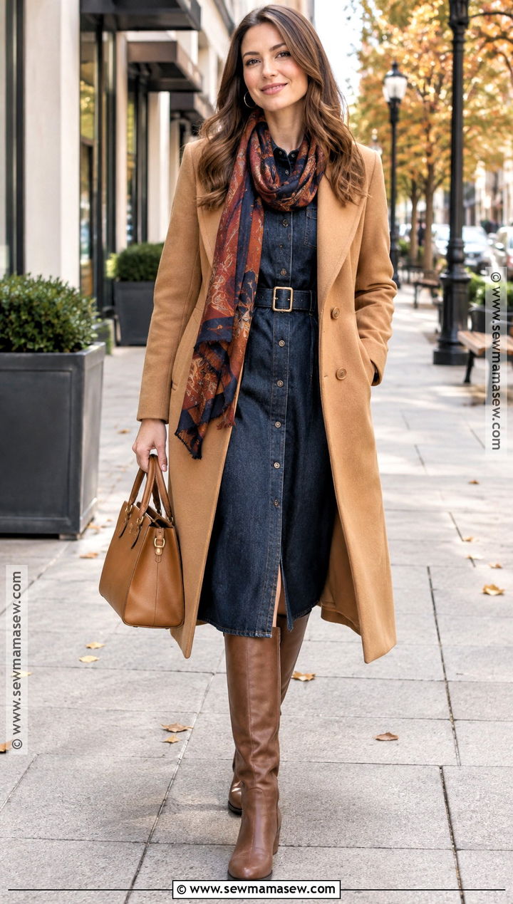 Brown Rider Boots With Denim Dress - 15 Rider Boots Outfit Fall