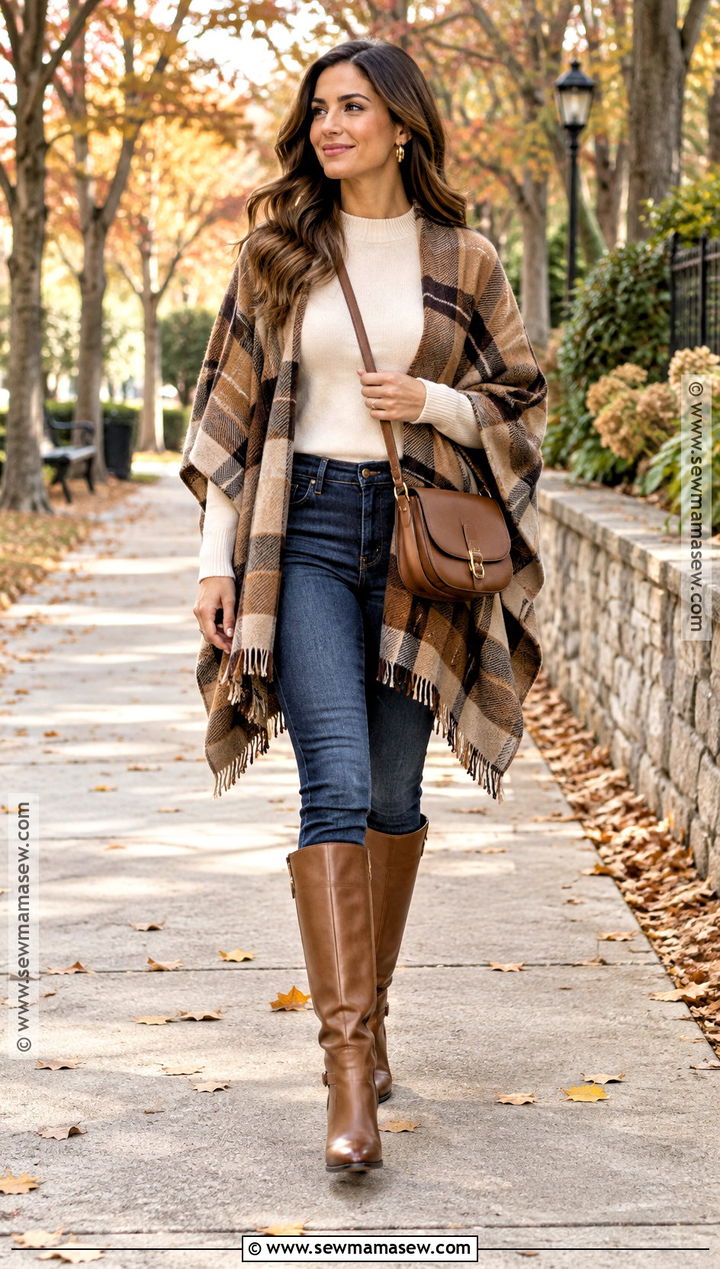Brown Riding Boots With Poncho And Jeans - 25 Brown Boots Outfit Fall