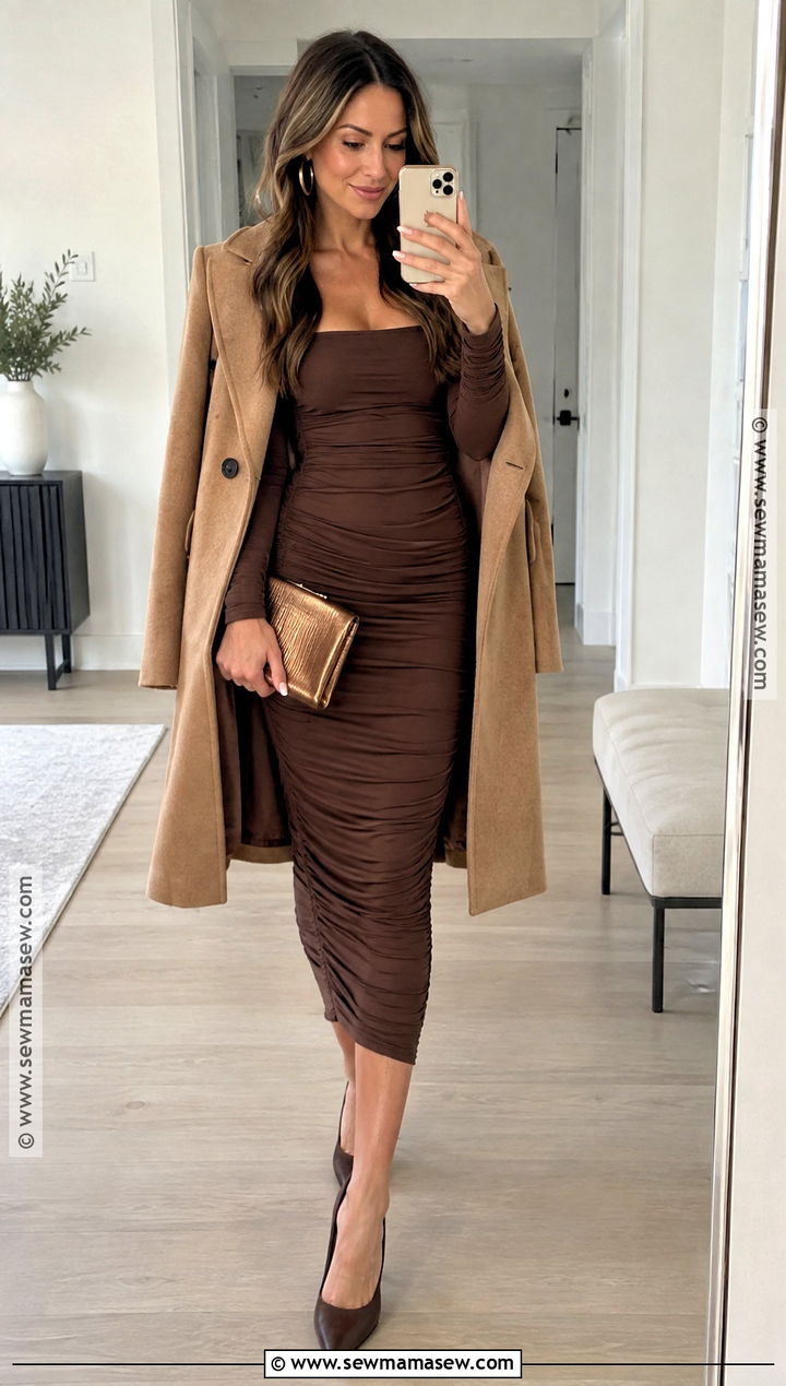 Brown Ruched Long Sleeve Midi Dress Outfit - 15 fall wedding guest dress brown ideas
