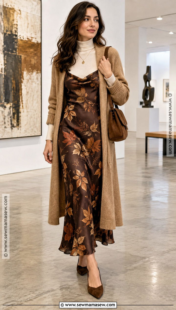 Brown Satin Fall Leaves Slip Dress With Cardigan - 20 fall leaves dress ideas