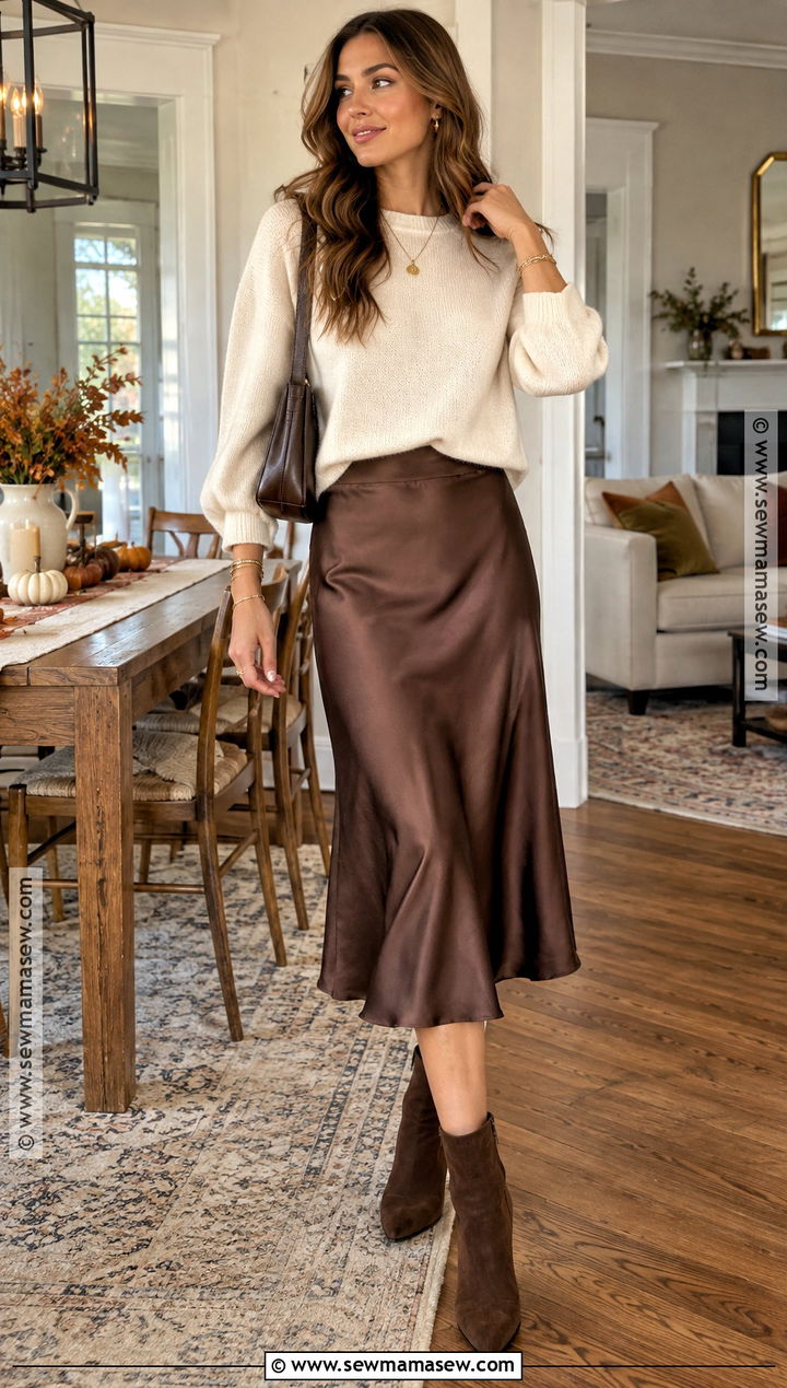 Brown Satin Midi Skirt And Cream Sweater - 20 thanksgiving outfit brown ideas