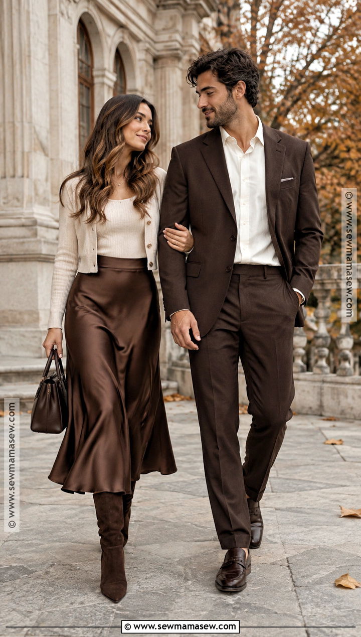 Brown Satin Skirt And Espresso Suit Fall Couples Photoshoot Outfit - 15 couples photoshoot fall outfit ideas