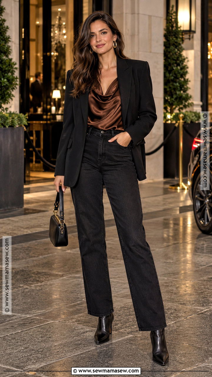 Brown Satin Top With Black Jeans - 20 brown top outfit fall ideas