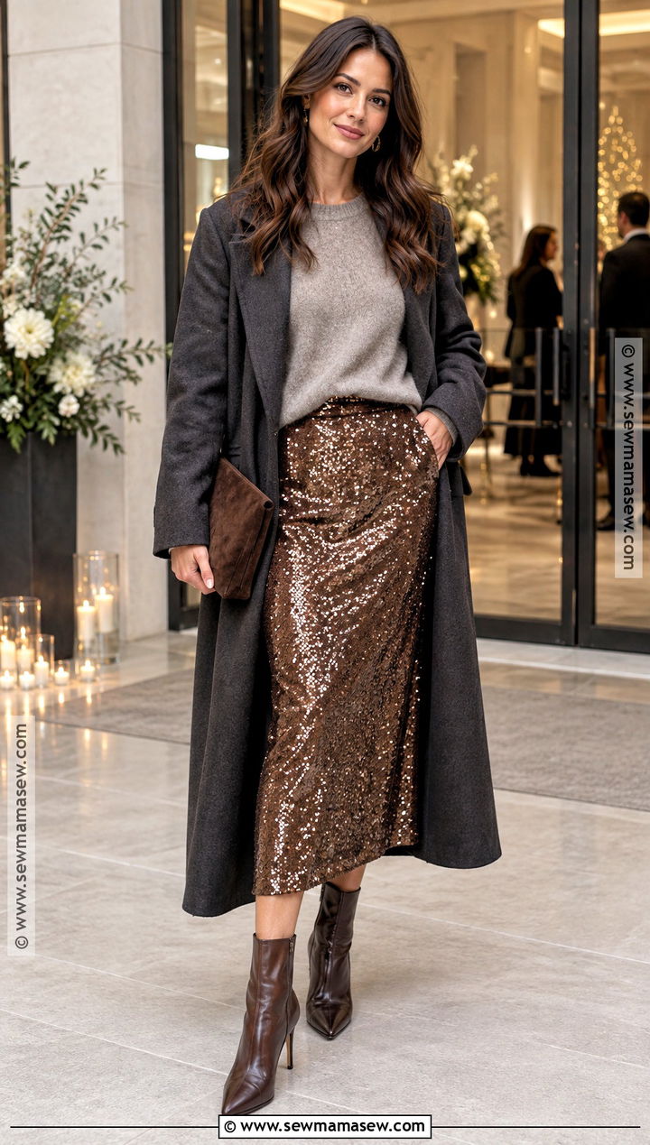 Brown Sequin Skirt With Gray Sweater And Boots - 20 brown skirt outfit fall ideas