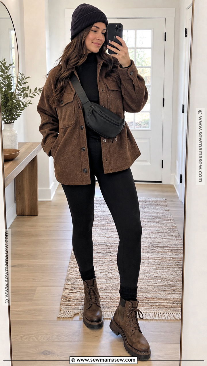 Brown Shacket And Black Leggings Outfit - 20 Black And Brown Fall Outfits
