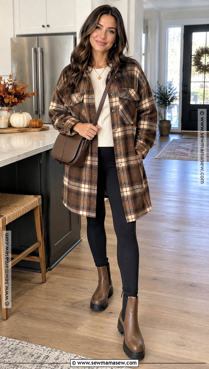 Brown Shacket And Black Leggings - 20 thanksgiving outfit brown ideas