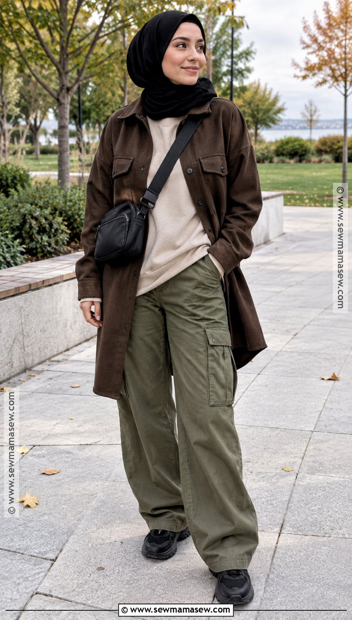 Brown Shacket And Cargo Pants Fall Hijab Outfit - 20 fall outfit hijab ideas
