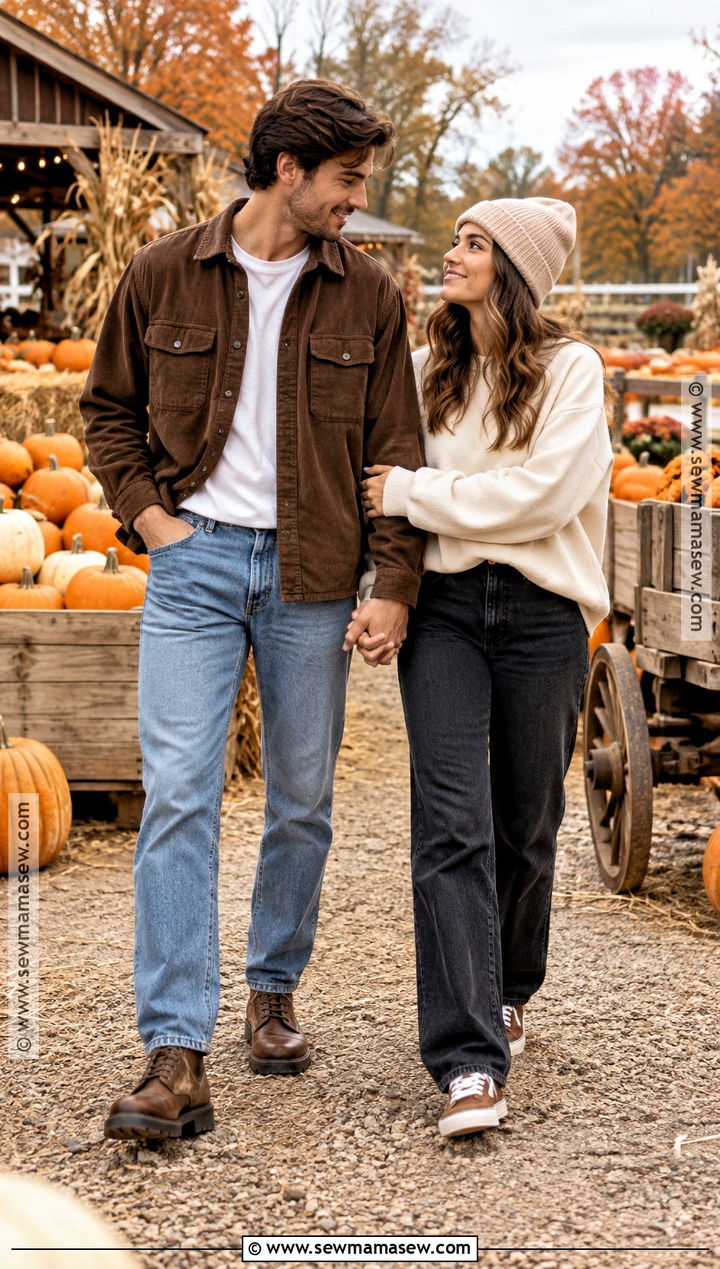 Brown Shacket And Straight Jeans Couple Outfit - 25 pumpkin patch outfit ideas for couples