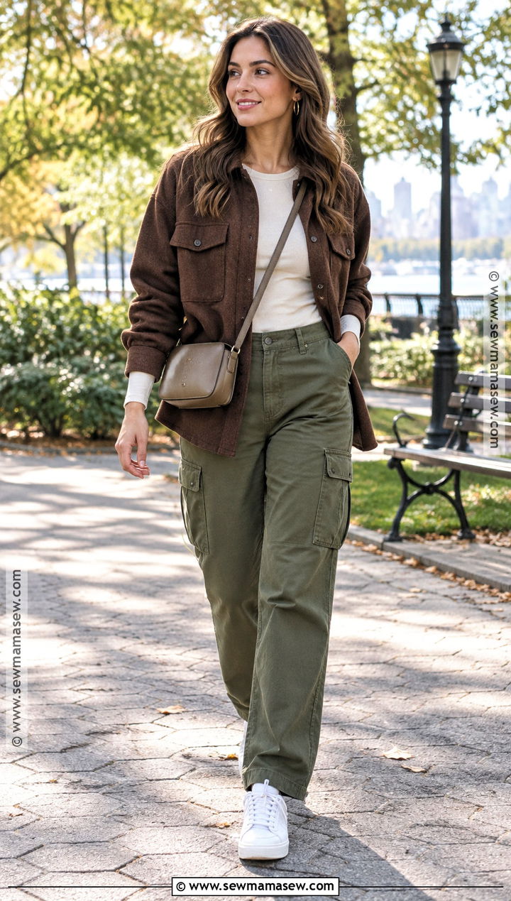 Brown Shacket With Cargo Pants And Sneakers - 20 Shacket Outfit Women Fall Ideas