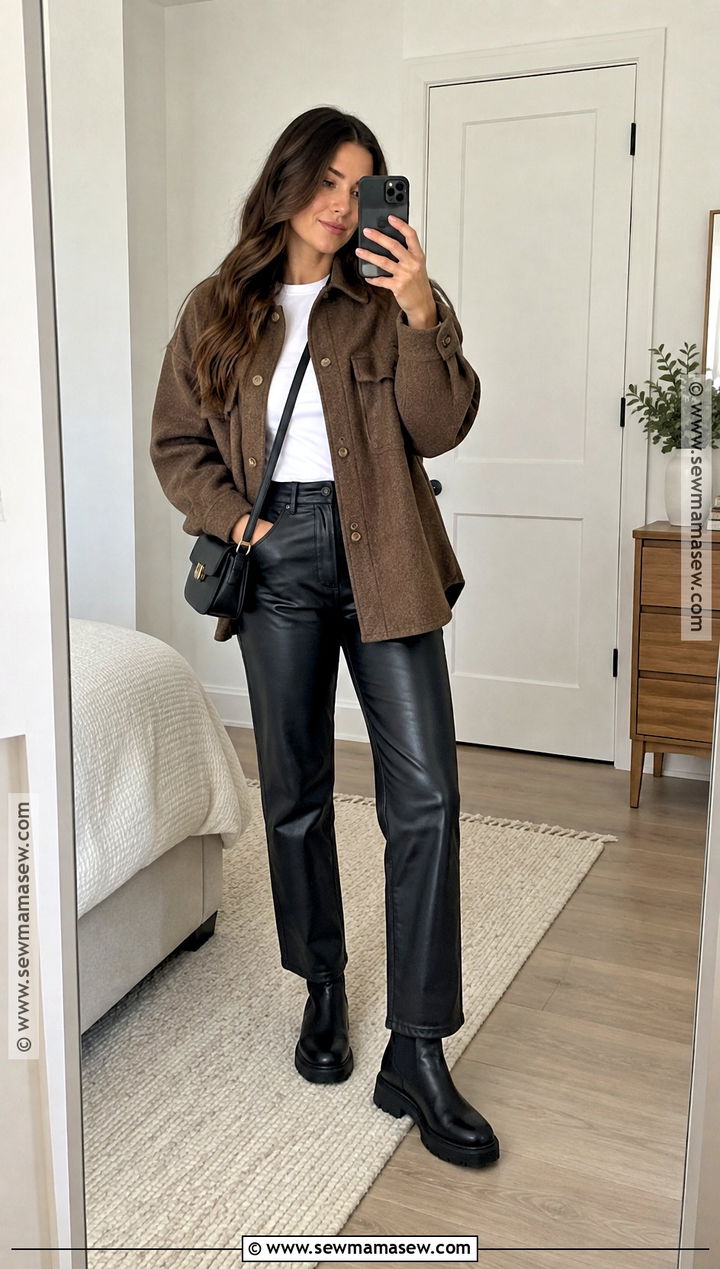 Brown Shacket With Faux Leather Pants - 20 Brown Jacket Fall Outfit Ideas