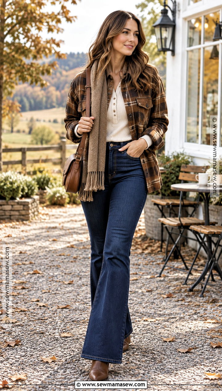 Brown Shacket With Flare Jeans - 25 autumn outfits brown