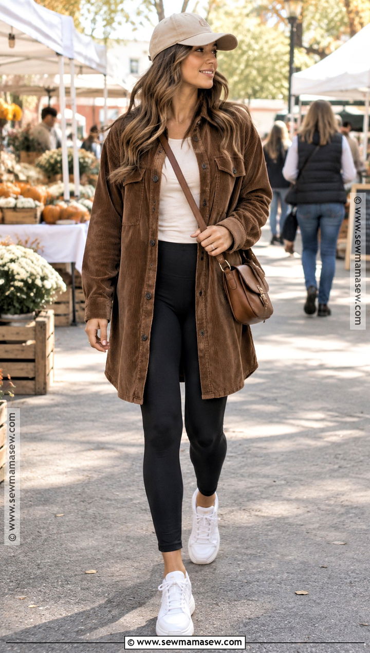 Brown Shacket With Leggings And Sneakers - 25 fall outfits brown