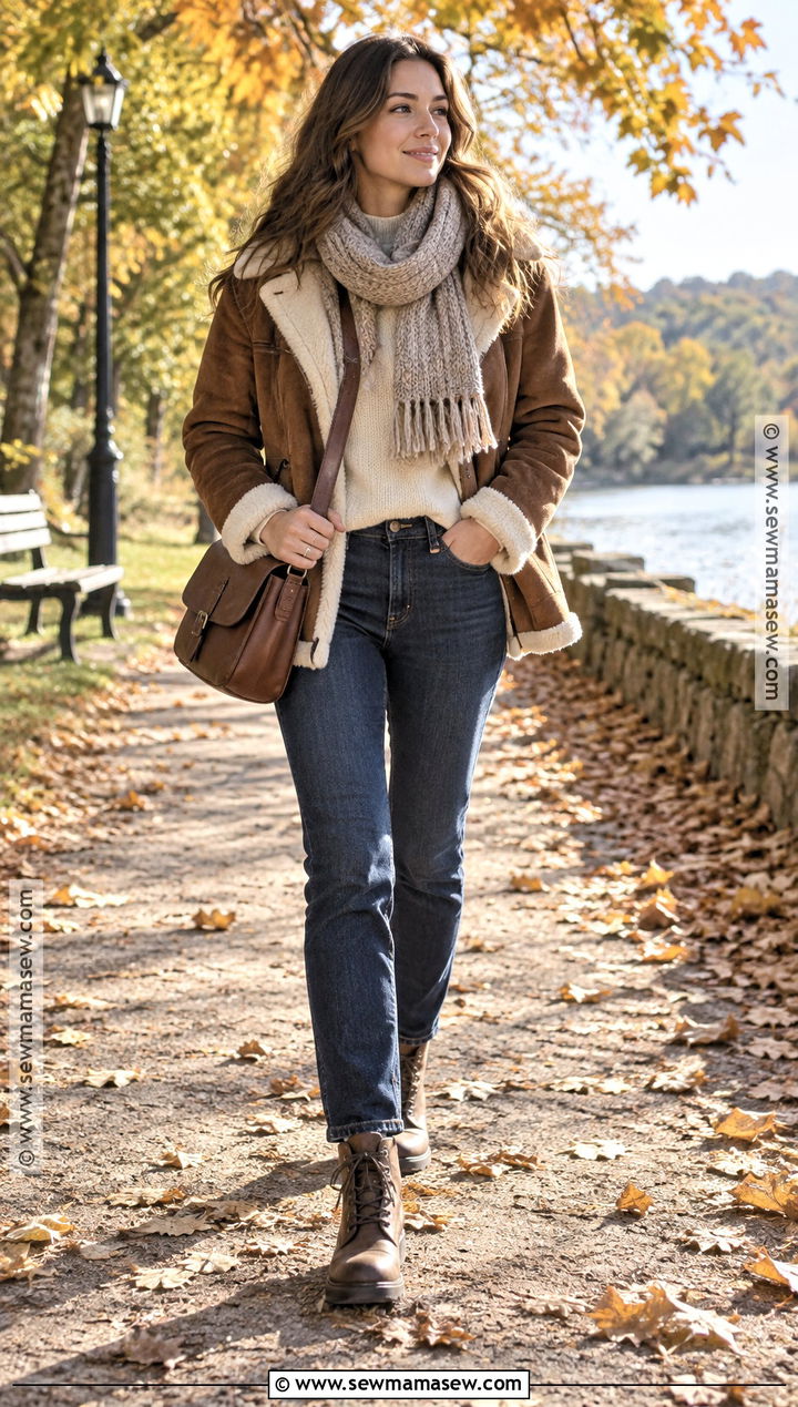 Brown Shearling Jacket With Skinny Jeans - 20 fall outfits brown jacket