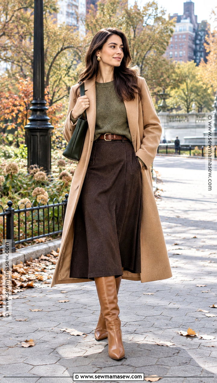 Brown Skirt With Olive Sweater And Boots - 15 fall fashion brown skirt ideas